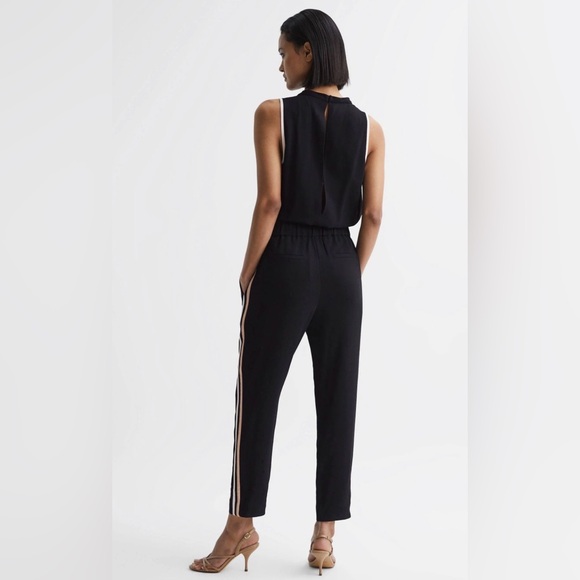 Reiss Tyla Side Striped Jumpsuit Navy. Blue and White Open Back Tie Waist Size 8 - Picture 6 of 16
